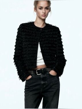 NWT Zara Tulle Noir Velour Cropped Jacket XS Oversize Fringe Ruffle Button Close